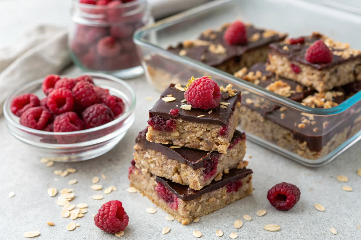 No-bake raspberry chocolate oat squares with fresh raspberries