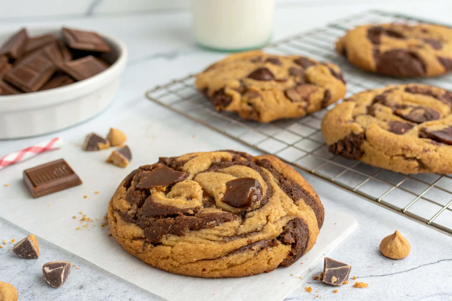 Freshly baked peanut butter brownie swirl cookies on a cooling rack