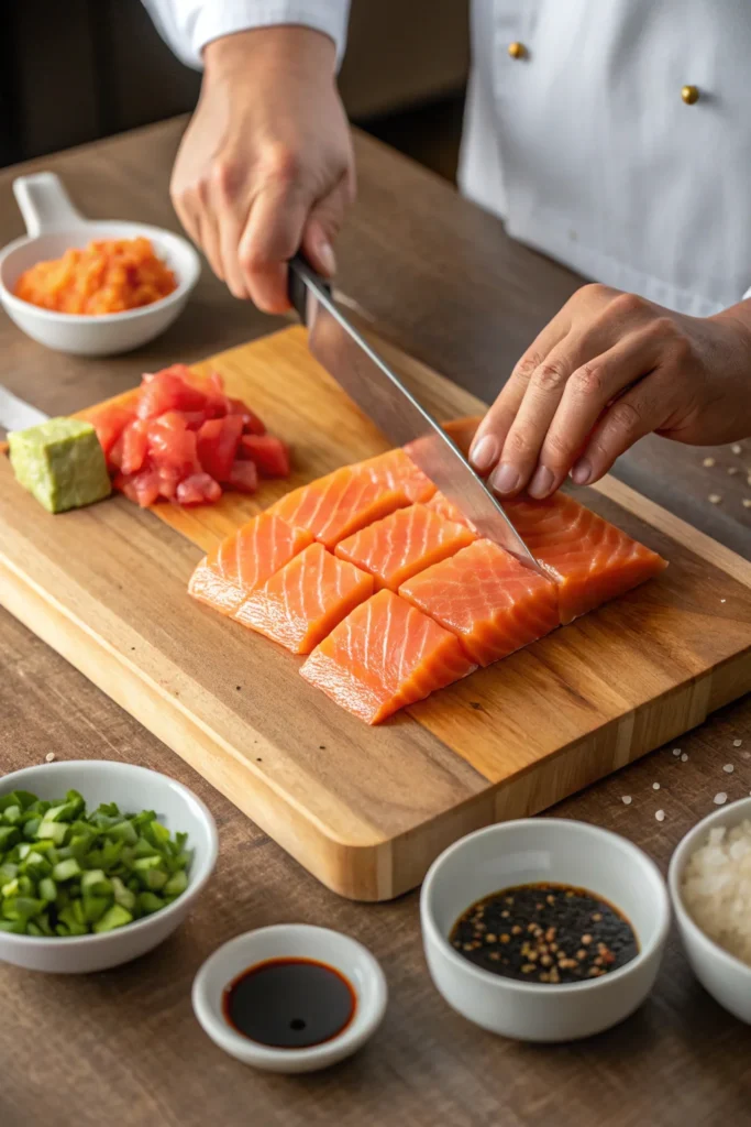 Bang Bang Salmon Bites – Crispy, Spicy, and Easy-to-Make Seafood Bites 1 Bang Bang Salmon Bites – Crispy, Spicy, and Easy-to-Make Seafood Bites Preparing salmon chunks for Bang Bang Salmon Bites