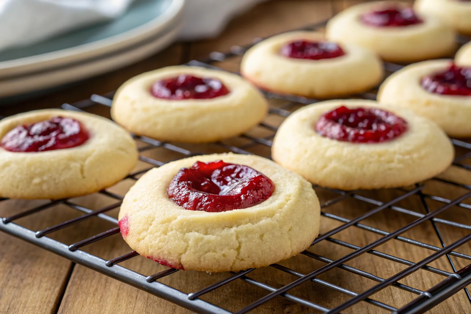 Raspberry Cheesecake Thumbprint Cookies on cooling rack