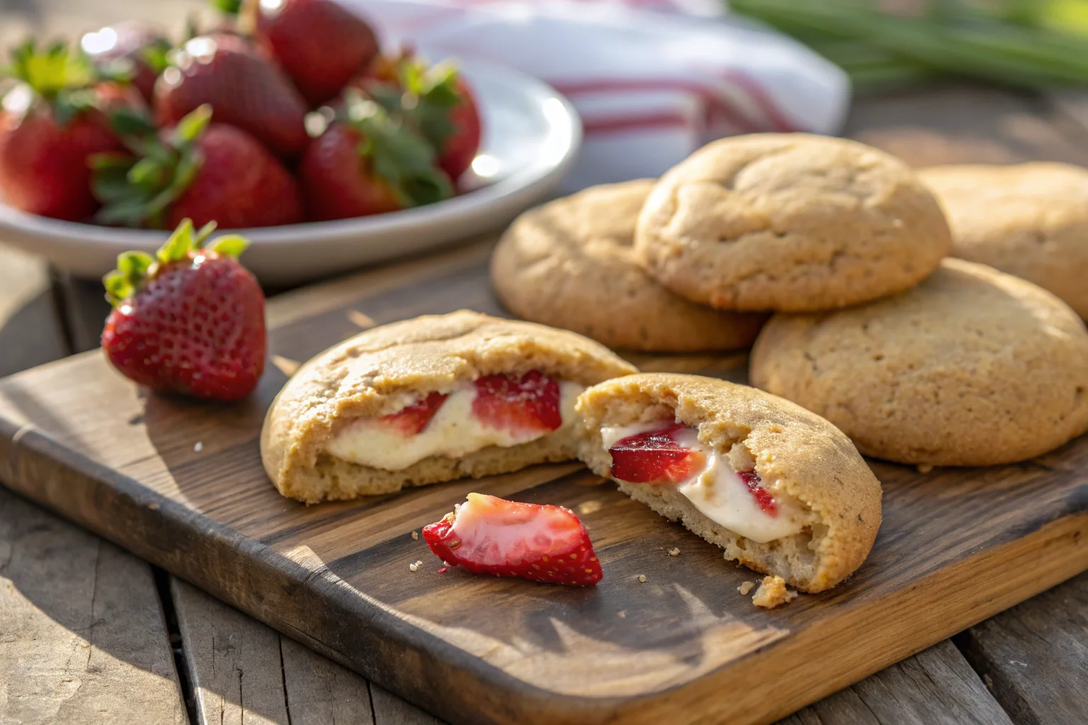Freshly baked Strawberry Cheesecake Stuffed Cookies on a wooden board
